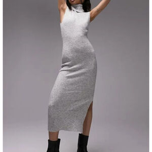 NEW TOPSHOP Sleeveless Turtleneck Sweater Dress - Grey Marl - Size L
